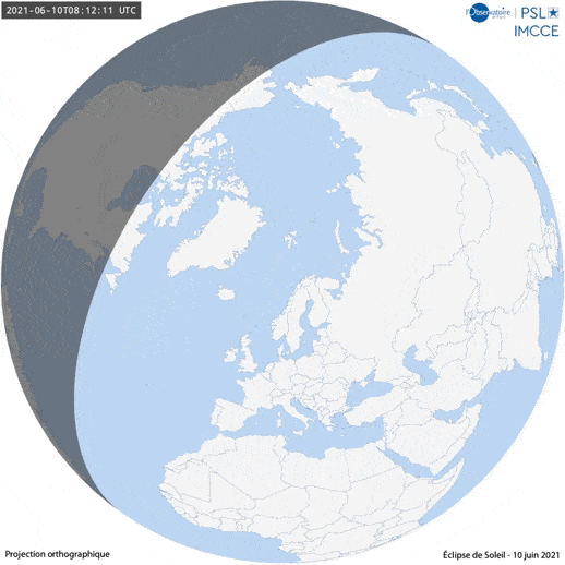 Carte de l'éclipse annulaire du soleil le 10 juin