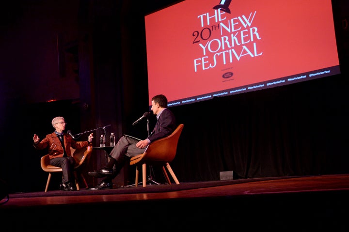 NPR's Terry Gross talks with New Yorker editor David Remnick at the 2019 New Yorker Festival in New York City. The staff union called for a boycott of the 2020 event due to their contract dispute.