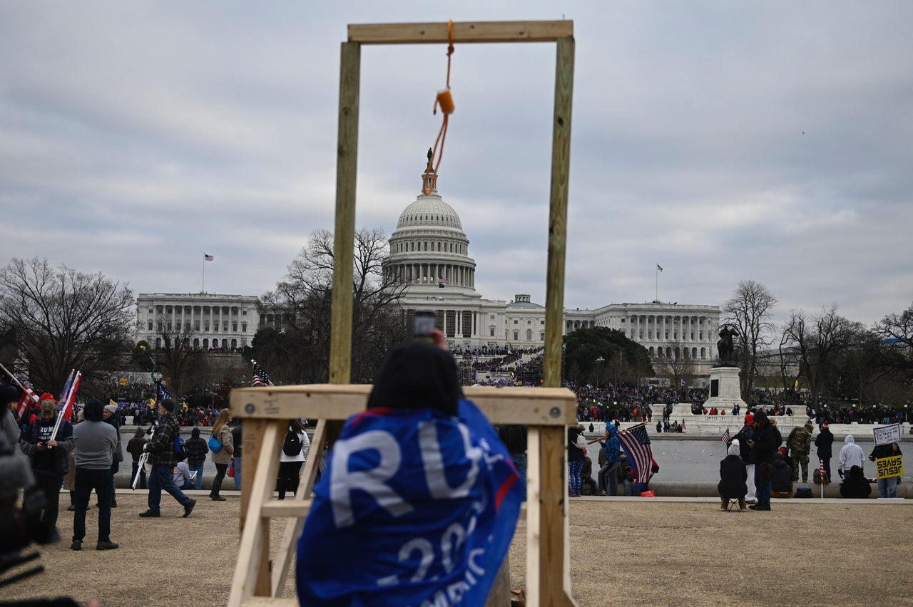 Supporters of then-President Donald Trump erected a gallows in front of the U.S. Capitol on Jan. 6, 2021, breached security and stormed the Capitol as Congress certified the Electoral College vote.