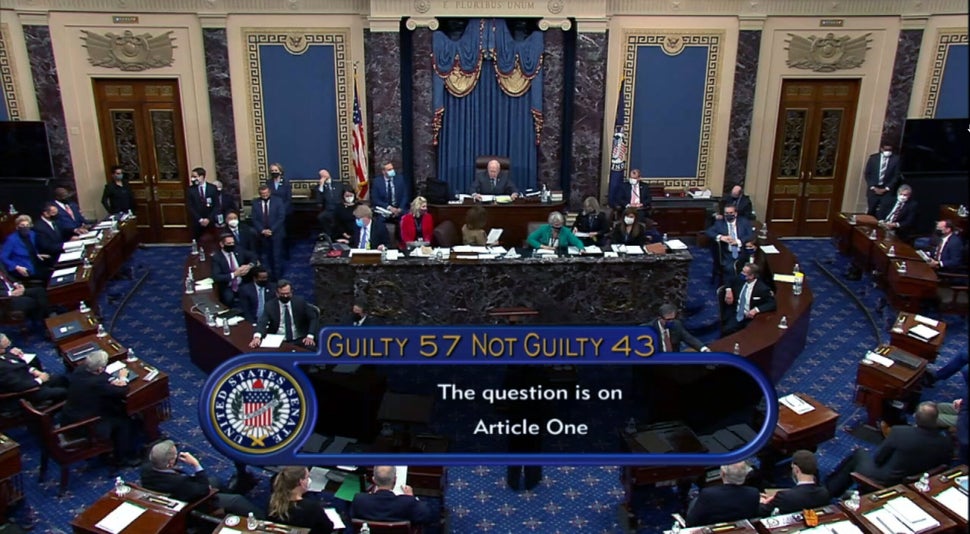 In this screenshot taken from a congress.gov webcast, the Senate votes 57-43 to acquit former President Donald Trump in his s