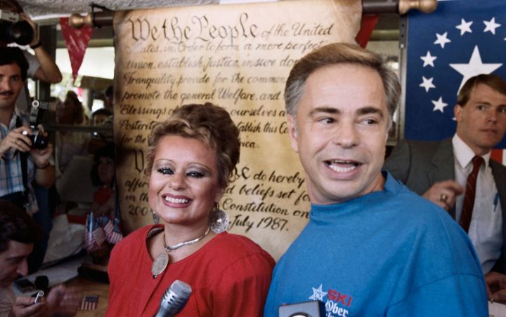 The real-life Jim (right) and Tammy Faye Bakker in 1987. 
