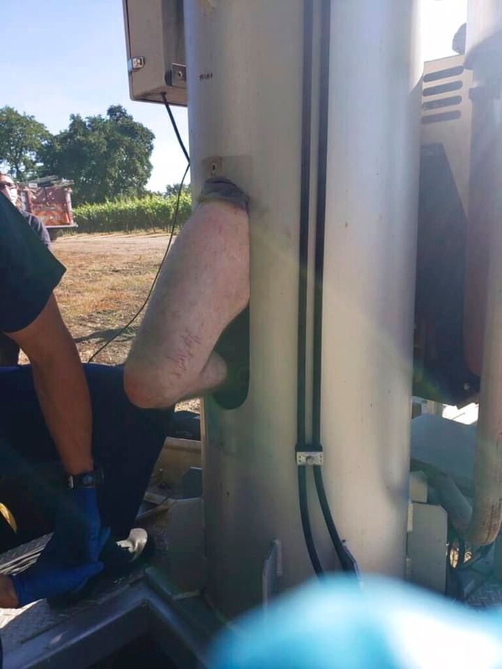 This photo provided by the Sonoma County Sheriff's Office shows a man who was found Tuesday, June 8, 2021 at a vineyard in Santa Rosa by a sheriff's deputy responding to a call about a suspicious vehicle parked in the area. Officials in Northern California rescued the man who said he had been trapped inside a large fan at a vineyard for two days. (Sonoma County Sheriff's Office via AP)