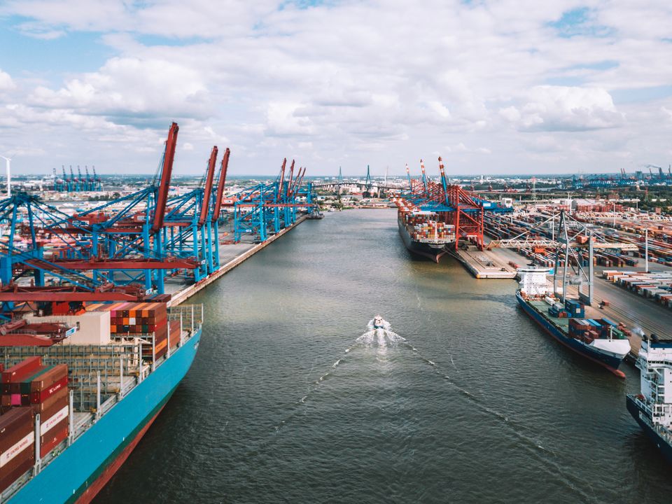 wide aerial panoramic view overCargo container terminal in Hamburg