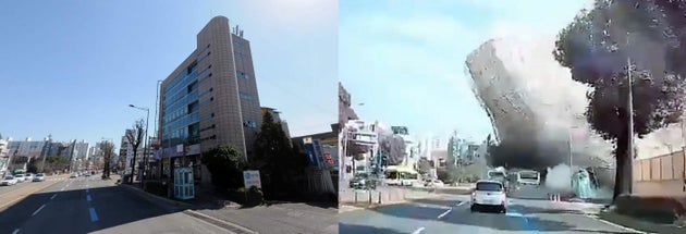 9일 오후 4시 22분쯤 광주 동구 학동 학4구역 재개발 현장에서 발생한 건물 붕괴 사건 관련 철거 전 모습과 무너지며 시내버스를 덮치는 순간 모습.