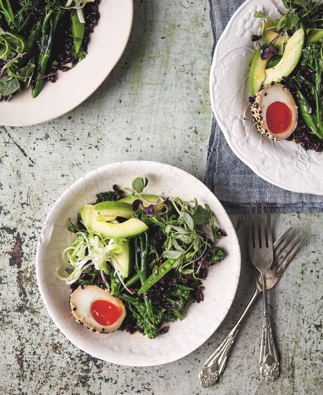 Black rice salad with soy eggs, greens and avocado