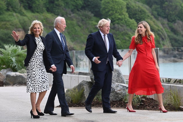 Boris Johnson and his wife Carrie Johnson  walk with US president Joe Biden and US first lady Jill Biden in Carbis Bay, Cornwall 