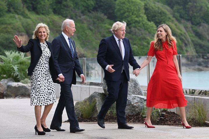Boris Johnson and his wife Carrie Johnson walk with US president Joe Biden and US first lady Jill Biden in Carbis Bay, Cornwall 