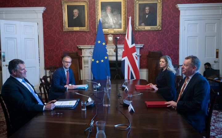 Brexit minister Lord Frost (R) holds talks with EU counterpart Maros Sefcovic (L) on the row