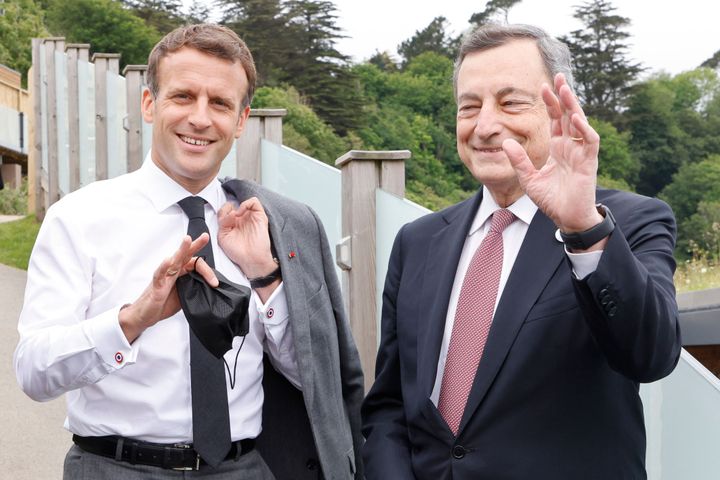 French president Emmanuel Macron and Italy's PM Mario Draghi at an informal G7 meeting