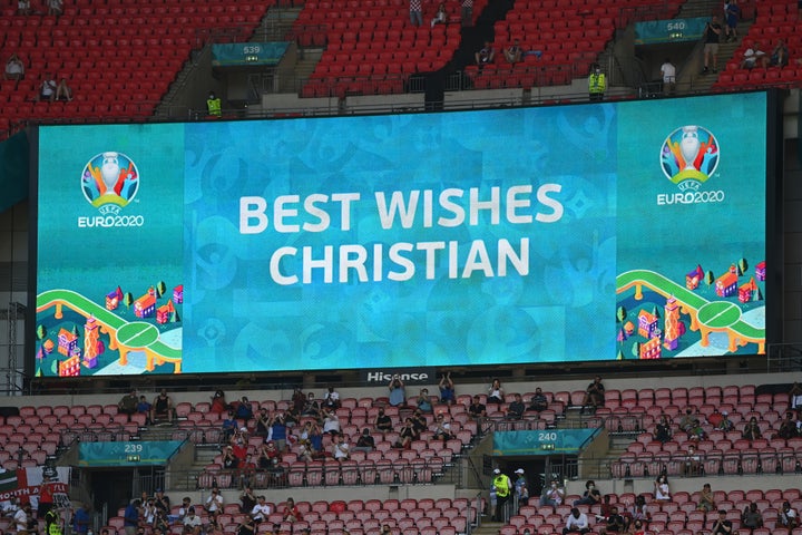 An LED screen inside Wembley Stadium in London shows a message of support for Christian Eriksen of Denmark prior to the UEFA Euro 2020 Championship Group D match between England and Croatia on Sunday.