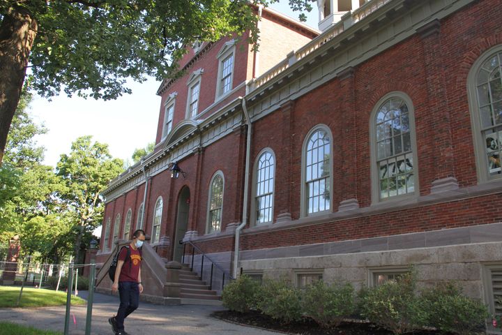 A student walks on the campus of Harvard University in Cambridge, Massachusetts, on July 14, 2020. 