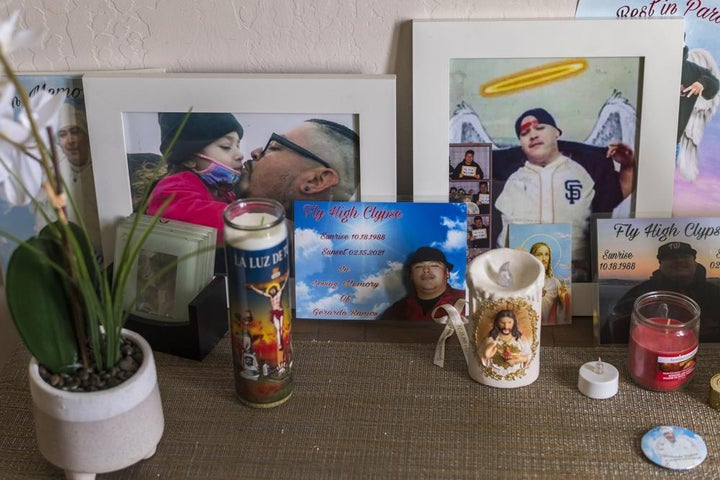 A memorial for Jerry Ramos sits at his home in Watsonville, Calif., Sunday, June 6, 2021.