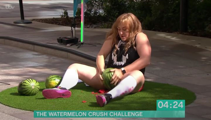 Emmajane appeared to set a new world record when she crushed three watermelons with her thighs live on ITV