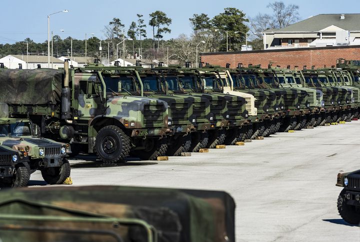 Military trucks are seen at Marine Corps Base Camp Lejeune in North Carolina, where there is often an open missing weapons investigation.
