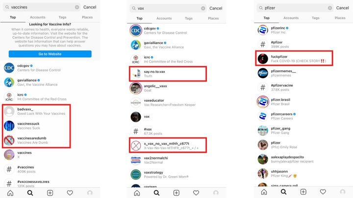 Instagram ranks explicitly anti-vaccine accounts near the top of its search results for terms including "vaccines," "vax" and "pfizer."