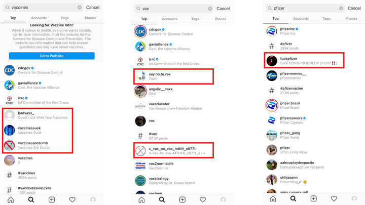 Instagram ranks explicitly anti-vaccine accounts near the top of its search results for terms including "vaccines," "vax" and "pfizer."