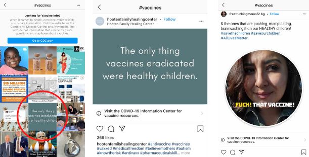 In violation of its own policy, Instagram features posts discouraging people from getting vaccinated in the algorithmically curated #vaccine hashtag page.