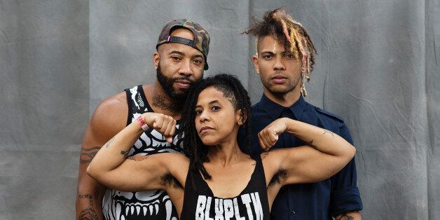 BROOKLYN, NY - AUGUST 23: Members of BLXPLTN pose for a portrait backstage during day 1 of the AFROPUNK festival at Commodore Barry Park on August 23, 2014 in Brooklyn, New York. (Photo by Roger Kisby/Getty Images)