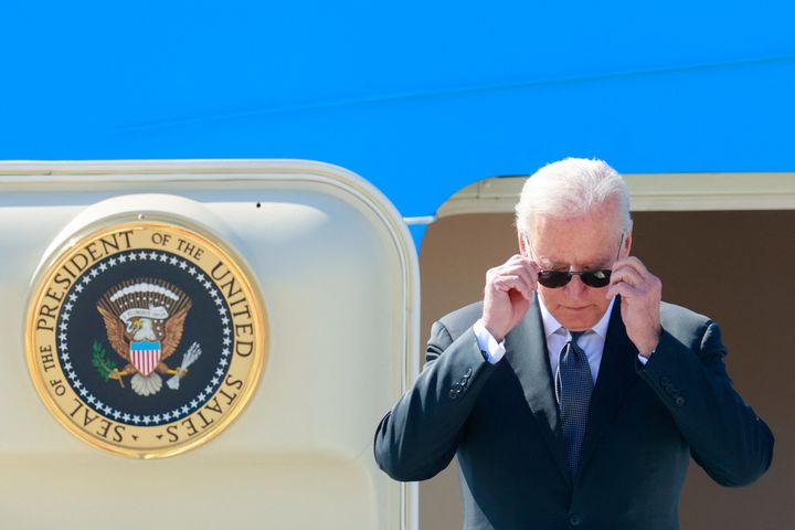 President Joe Biden steps off Air Force One as he arrives at Cointrin airport in Geneva on June 15, 2021.