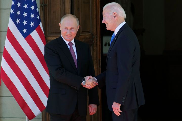 President Putin and President Biden shake hands during their meeting in Geneva, Switzerland on Wednesday.