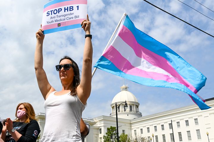 Alabama activists rallying against a bill that would have blocked trans youth from accessing vital health care needs. The bill, which ultimately failed, was part of a wave of Republican legislative proposals targeting trans rights this year. Alabama lawmakers did pass a bill blocking trans individuals from participating in school sports.