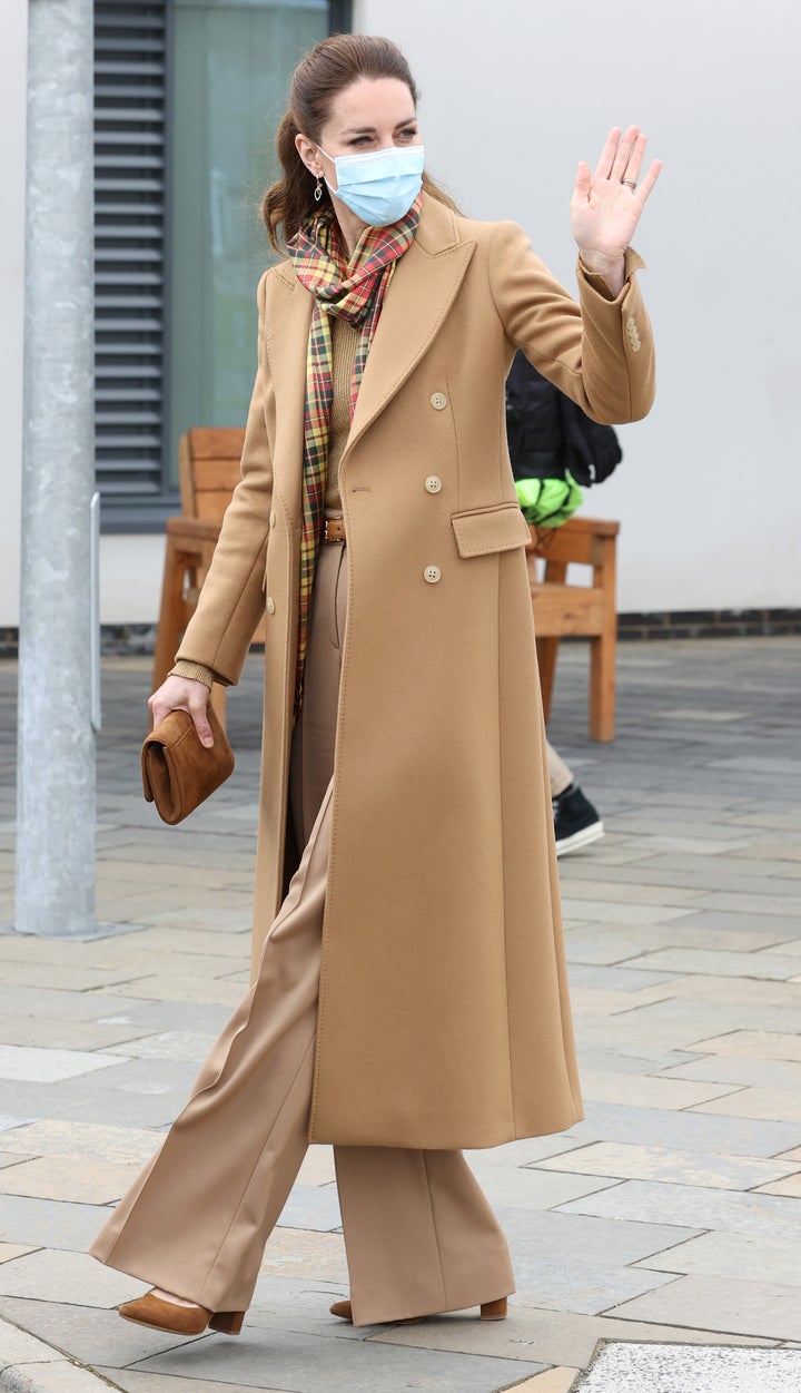 Catherine, Duchess of Cambridge waves as she officially opens The Balfour, Orkney Hospital in Kirkwall, Scotland, with Prince William on May 25, 2021.