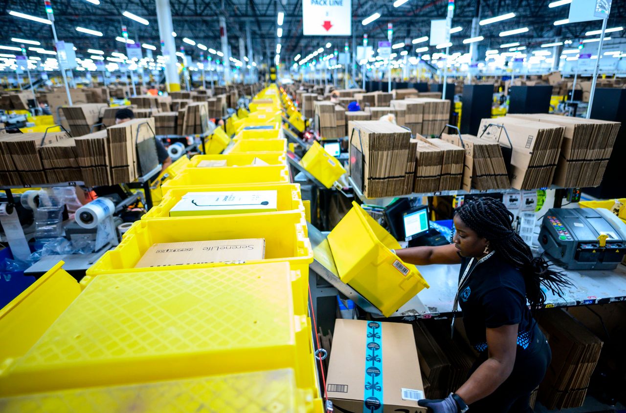 Inside Amazon’s fulfillment center in Staten Island. Christian Smalls led a walkout there last year before he was fired.