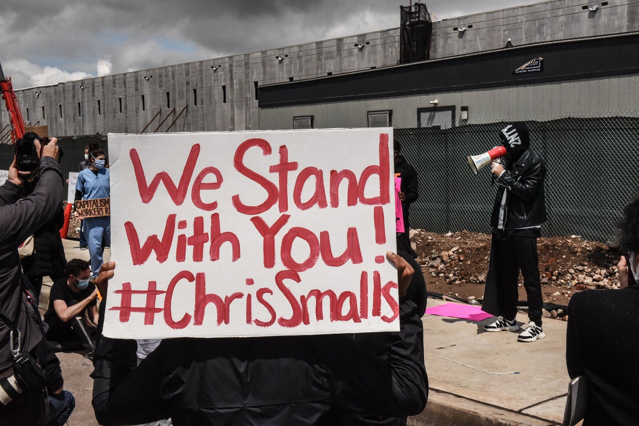 Smalls speaks during the May 1, 2020 protest outside the Staten Island facility. He's still working to organize employees at his former workplace.