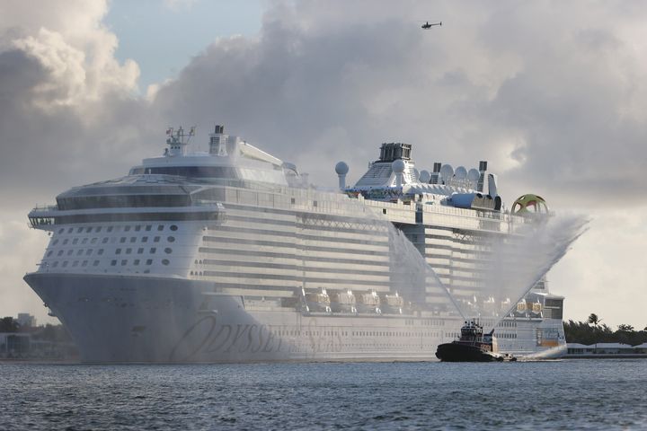 The Royal Caribbean’s Odyssey of The Seas arrives at Port Everglades in Florida on June 10 ahead of its first passenger cruise, which has been pushed back from July 3 to July 31.
