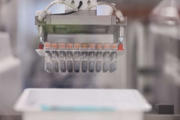 Des flacons du vaccin anti-Covid-19 sur une ligne de conditionnement dans l'usine de la société pharmaceutique britannique GlaxoSmithKline (GSK), à Wavre, le 8 février 2021.