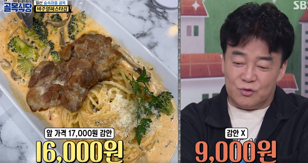 다른 메뉴의 가격이 17000원임을 감안하면 16000원일 것 같다고 하는 백종원. 다른 메뉴의 가격을 고려하지 않으면 9000원 정도로 보인다고 말하고 있다.