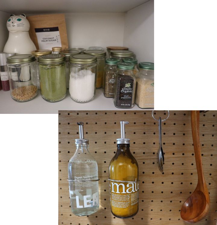 左上：使用済みの瓶を調味料入れとして活用。右下：ディスペンサーを取り付け、洗剤や重曹入れに
