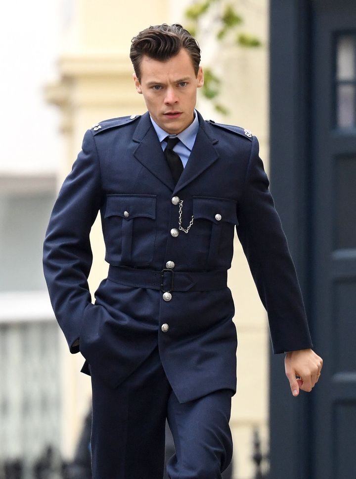 Harry Styles seen on the film set for My Policeman in Brighton.