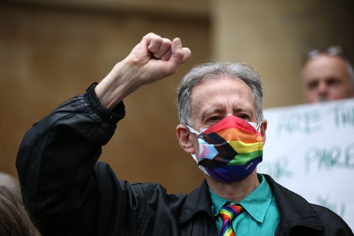 Peter Tatchell leading a march through London to mark the London Gay Liberation Front's 50th anniversary in 2020