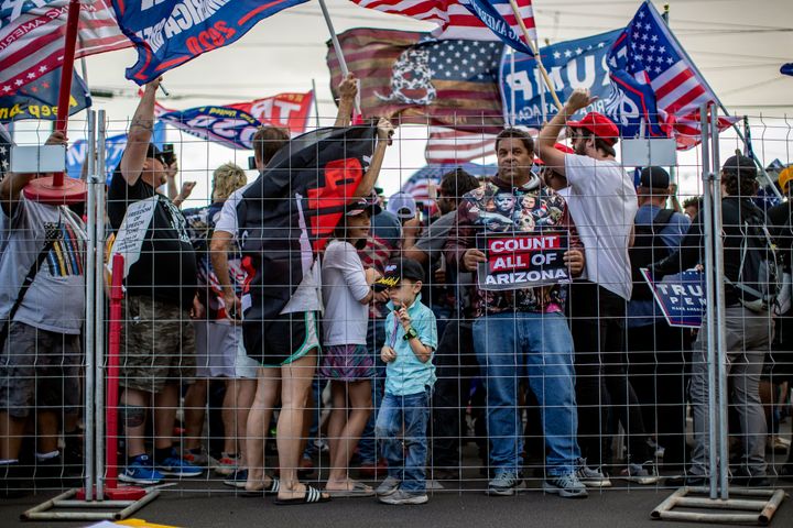 Trump supporters, driven by his lies that widespread election fraud had cost him the election, rallied outside the Arizona state capitol in Phoenix after the November election. New polling suggests Republican voters are still buying Trump's lies that sham election "audits" will return him to the White House.