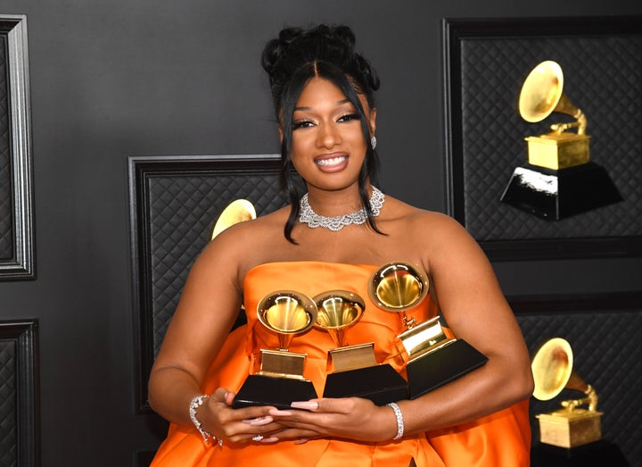 Megan Thee Stallion, winner of Best Rap Performance and Best Rap Song for "Savage" as well as Best New Artist, poses in the media room during the 63rd annual Grammy Awards at Los Angeles Convention Center on March 14.