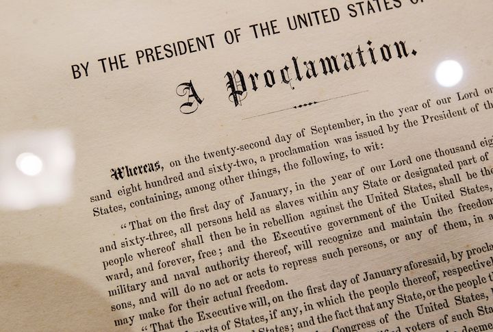 A detail of the Emancipation Proclamation owned by American statesman and politician Robert Kennedy is seen at Sotheby's auction house Dec. 3, 2010, in New York City. The document, one of only 25 copies in existence of Abraham Lincoln's historic edict that freed enslaved people in America, is estimated to be worth more than $1 million.