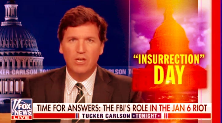 Tucker Carlson spreads a baseless conspiracy theory about the Jan. 6 Capitol riot during an episode of his show on Fox News on June 15.