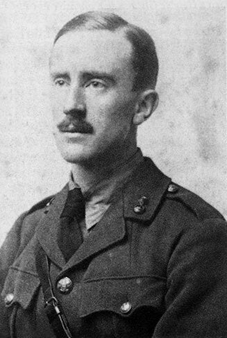 J. R. R. Tolkien (aged 24) in army uniform, photograph taken in 1916. Tolkien was commissioned as a Second Lieutenant in the Lancashire ...