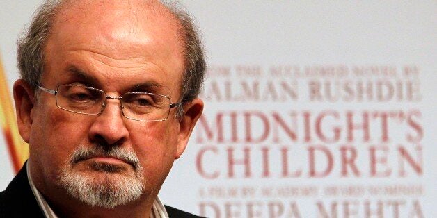 Author Salman Rushdie attends a promotional event of âMidnightâs Childrenâ in Mumbai, India, Tuesday, Jan. 29 , 2013. Rushdie is in India on a promotional tour for Deepa Mehtaâs Midnightâs Children, based on his Booker Prize-winning novel of the same name. (AP Photo/Rajanish Kakade)