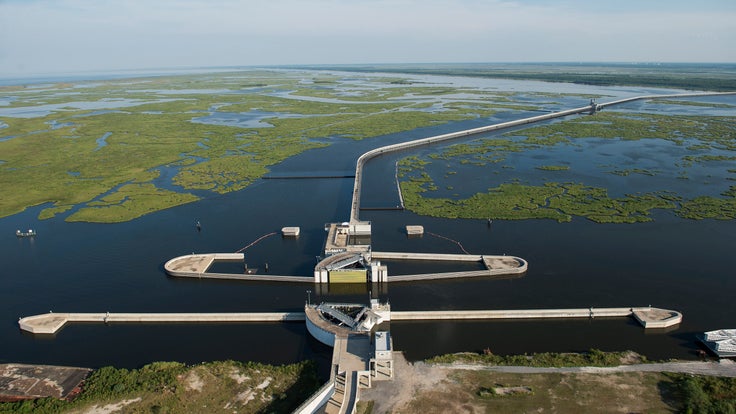 An aerial view of the Inner Harbor Navigation Canal-Lake Borgne Surge Barrier on Aug. 1, 2015, in New Orleans. The 1.8-mile barrier is located at the confluence of the Gulf Intracoastal Waterway (GIWW) and the Mississippi River Gulf Outlet (MRGO), about 12 miles east of downtown New Orleans.