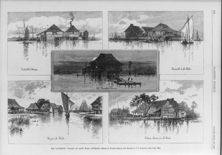 Composite of five wood engravings of drawings by Charles Graham after sketches by J.O. Davidson, from the 1883 Harper's Weekly article by Lafcadio Hearn.