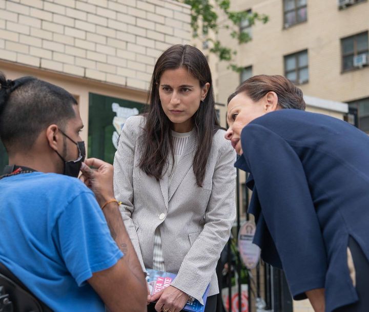 Tali Farhadian Weinstein, seen here campaigning with Rep. Nydia Velázquez, has leveraged a massive cash advantage to front-runner status in the Democratic primary for Manhattan district attorney.