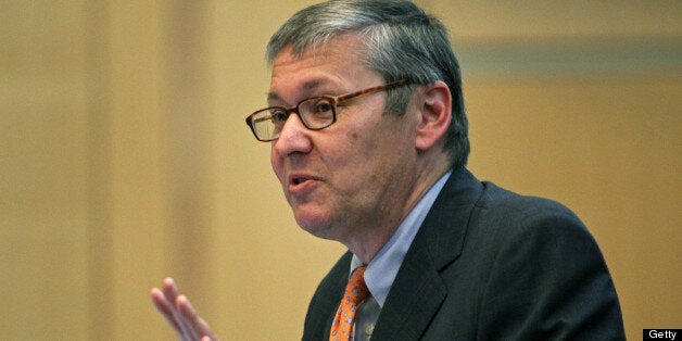 BOSTON - SEPTEMBER 12: Two well known Harvard economists, Larry Summers and Greg Mankiw, pictured, took part in a forum held on the campus of Northeastern University, talking about their views on the recovery and tax policy. The event was moderated by former Massachusetts governor Michael S. Dukakis. (Photo by Jim Davis/The Boston Globe via Getty Images)