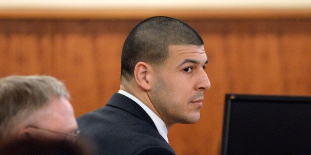 Former New England Patriots football player Aaron Hernandez appears in the court room of the Bristol County Superior Court House in Fall River, Ma., before the jury begin their deliberations, Wednesday, April 8, 2015. Hernandez is accused of the murder of Odin Lloyd in June 2013. Today is the first day of jury deliberations. (AP Photo/Faith Ninivaggi, Pool)