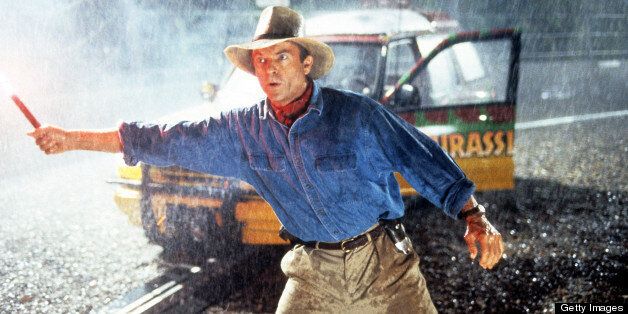 Sam Neill stands out in the rain in a scene from the film 'Jurassic Park', 1993. (Photo by Universal/Getty Images)