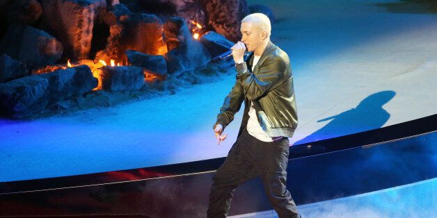 LOS ANGELES, CA - APRIL 13: Rapper Eminem performs onstage at the 2014 MTV Movie Awards at Nokia Theatre L.A. Live on April 13, 2014 in Los Angeles, California. (Photo by Frederick M. Brown/Getty Images)