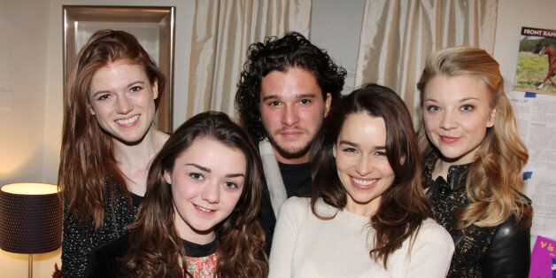 NEW YORK, NY - MARCH 26: (L-R) Rose Leslie, Maisie Williams, Kit Harington, Emilia Clarke and Natalie Dormer (the cast of HBO's 'Game Of Thrones') pose backstage at the play 'Breakfast at Tiffanys' (Emilia Clarke is starring in it) on Broadway at The Cort Theater on March 26, 2013 in New York City. (Photo by Bruce Glikas/FilmMagic)