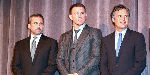 TORONTO, ON - SEPTEMBER 08: (L-R) Actor Steve Carell, Channing Tatum and Mark Ruffalo attend the 'Foxcatcher' premiere during the 2014 Toronto International Film Festival at Roy Thomson Hall on September 8, 2014 in Toronto, Canada. (Photo by Leonard Adam/WireImage)