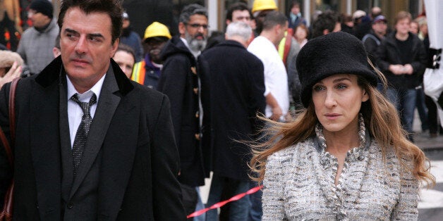 NEW YORK - MARCH 05: Actor Chris Noth and actress Sarah Jessica Parker on location for Annie Leibowitz's Vogue 'Sex and the City' photo shoot March 5, 2008 in New York City. (Photo by James Devaney/WireImage) 